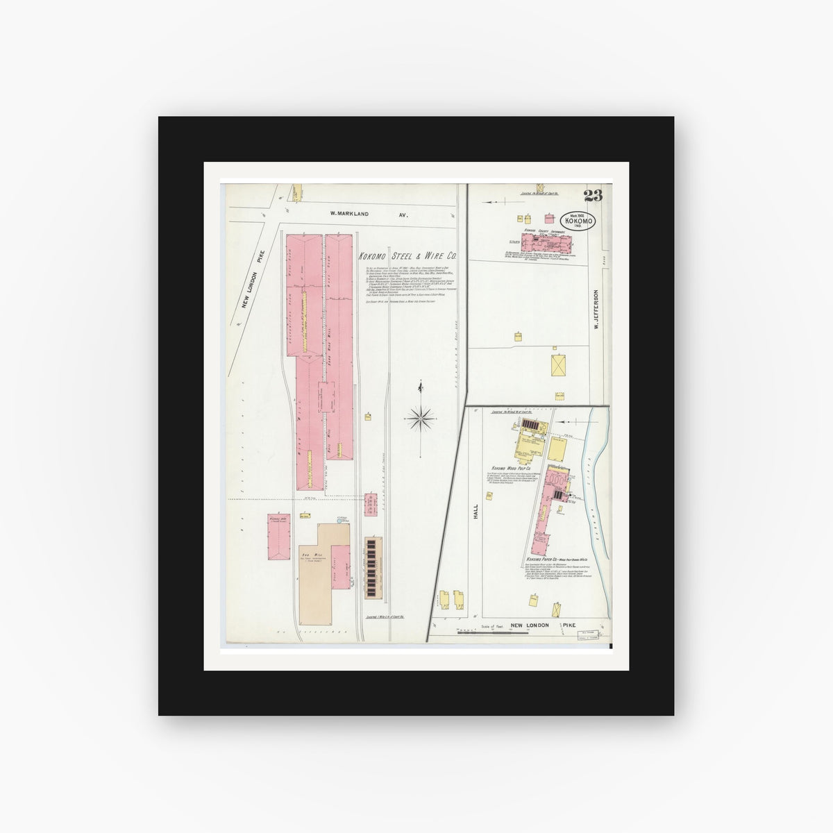 Old map wall art mockup — black gallery frame with white mat — Sanborn Fire Insurance Map from Kokomo, Howard County, Indiana (1902), Sheet #0023