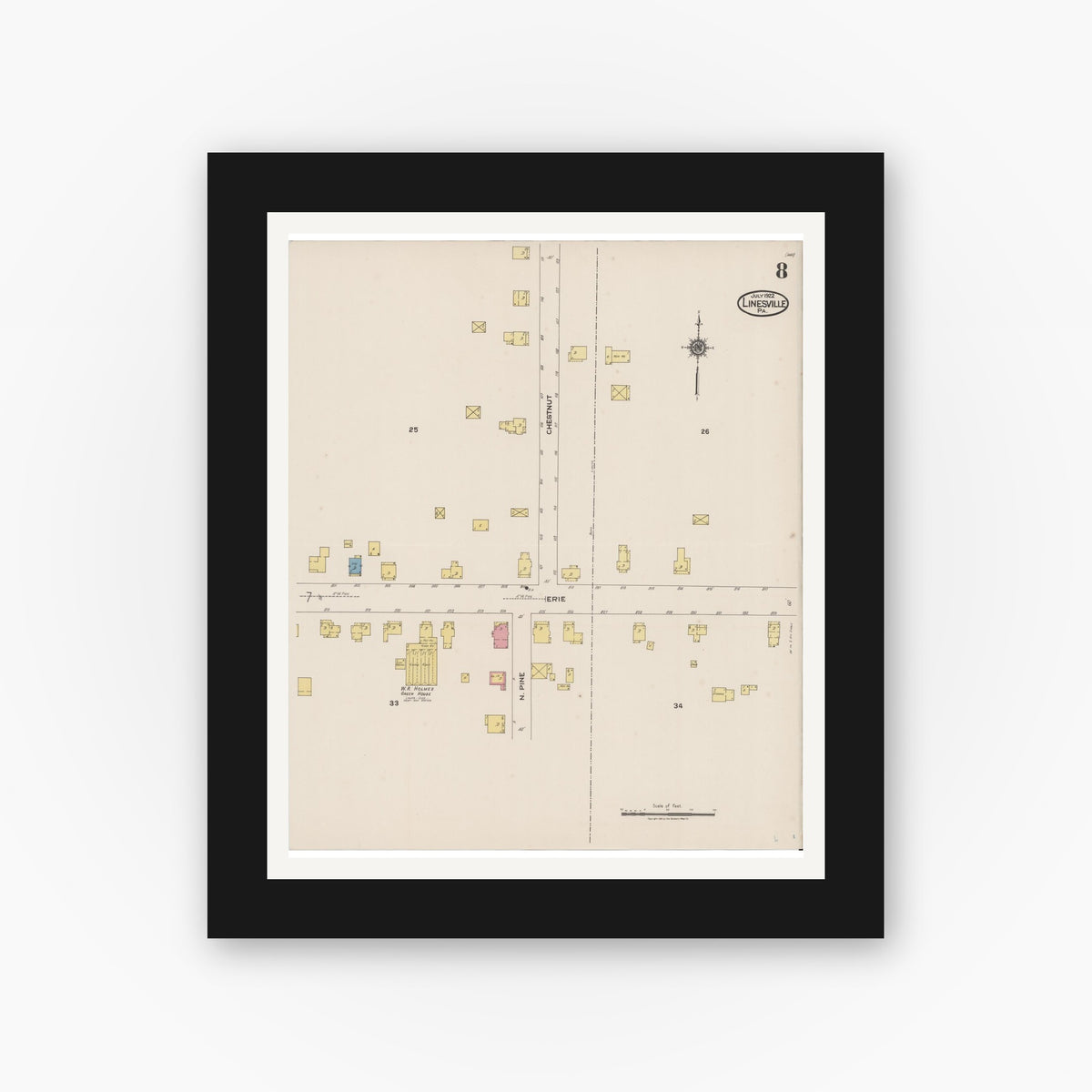 Old map wall art mockup — black gallery frame with white mat — Sanborn Fire Insurance Map from Linesville, Crawford County, Pennsylvania (1922), Sheet #0008