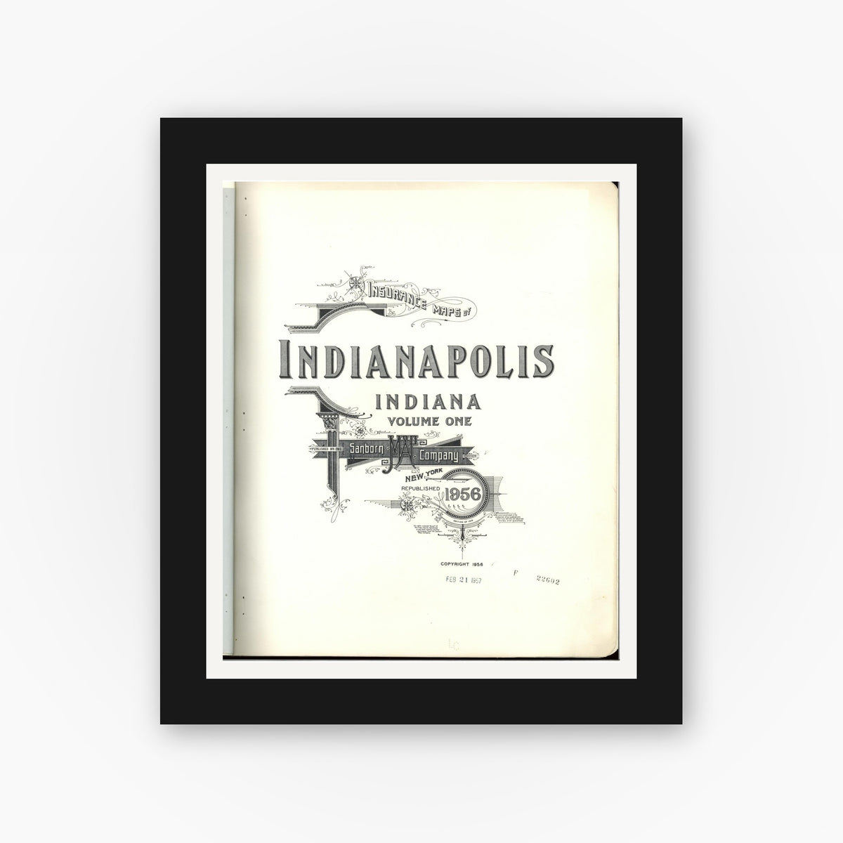 Old map wall art mockup — black gallery frame with white mat — Sanborn Fire Insurance Map from Indianapolis, Marion County, Indiana (1956), Sheet #0001