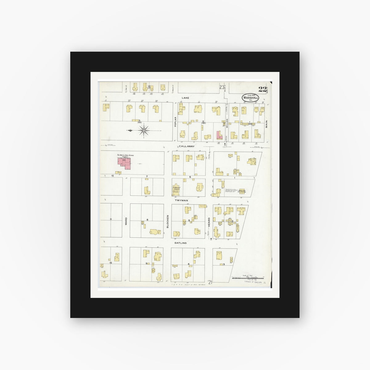 Old map wall art mockup — black gallery frame with white mat — Sanborn Fire Insurance Map from Marshall, Harrison County, Texas (1909), Sheet #0022