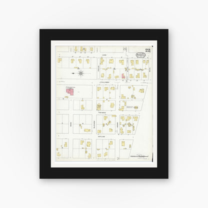Old map wall art mockup — black gallery frame with white mat — Sanborn Fire Insurance Map from Marshall, Harrison County, Texas (1909), Sheet #0022