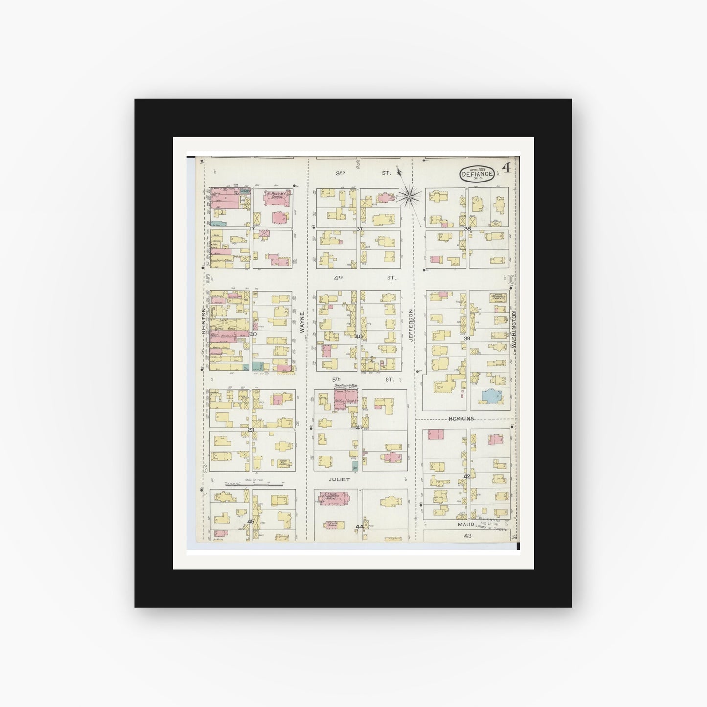 Old map wall art mockup — black gallery frame with white mat — Sanborn Fire Insurance Map from Defiance, Defiance County, Ohio (1893), Sheet #0004