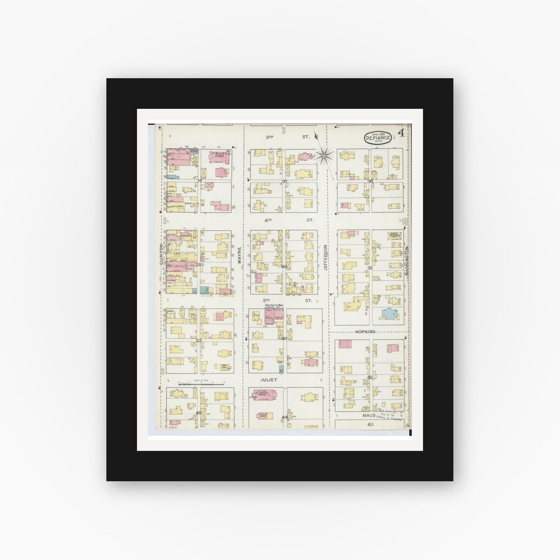 Old map wall art mockup — black gallery frame with white mat — Sanborn Fire Insurance Map from Defiance, Defiance County, Ohio (1893), Sheet #0004