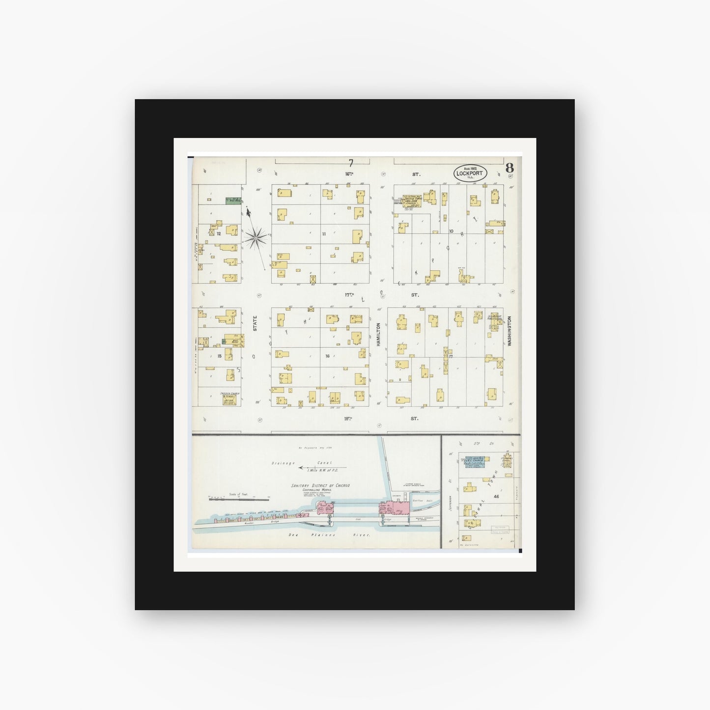 Old map wall art mockup — black gallery frame with white mat — Sanborn Fire Insurance Map from Lockport, Will County, Illinois (1902), Sheet #0008