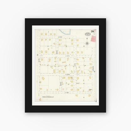 Old map wall art mockup — black gallery frame with white mat — Sanborn Fire Insurance Map from Bonham, Fannin County, Texas (1909), Sheet #0020