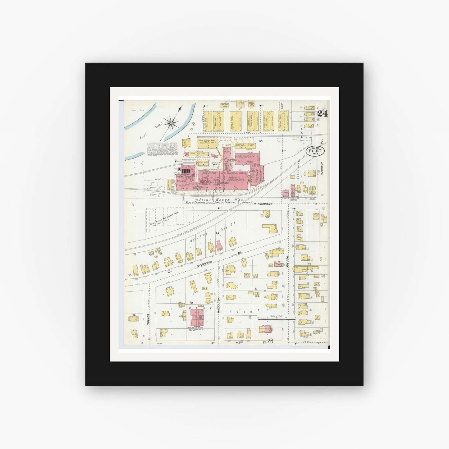 Old map wall art mockup — black gallery frame with white mat — Sanborn Fire Insurance Map from Flint, Genesee County, Michigan (1902), Sheet #0024