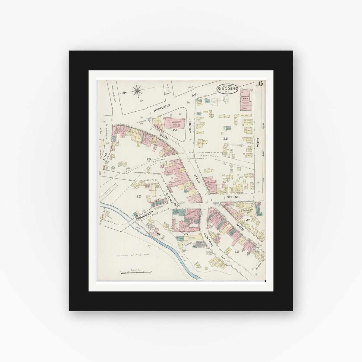 Old map wall art mockup — black gallery frame with white mat — Sanborn Fire Insurance Map from Sing Sing, Westchester County, New York (1886), Sheet #0006