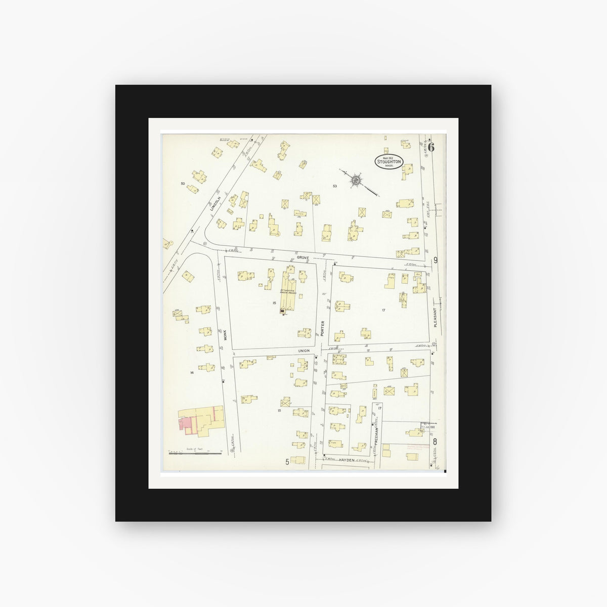 Old map wall art mockup — black gallery frame with white mat — Sanborn Fire Insurance Map from Stoughton, Norfolk County, Massachusetts (1912), Sheet #0006