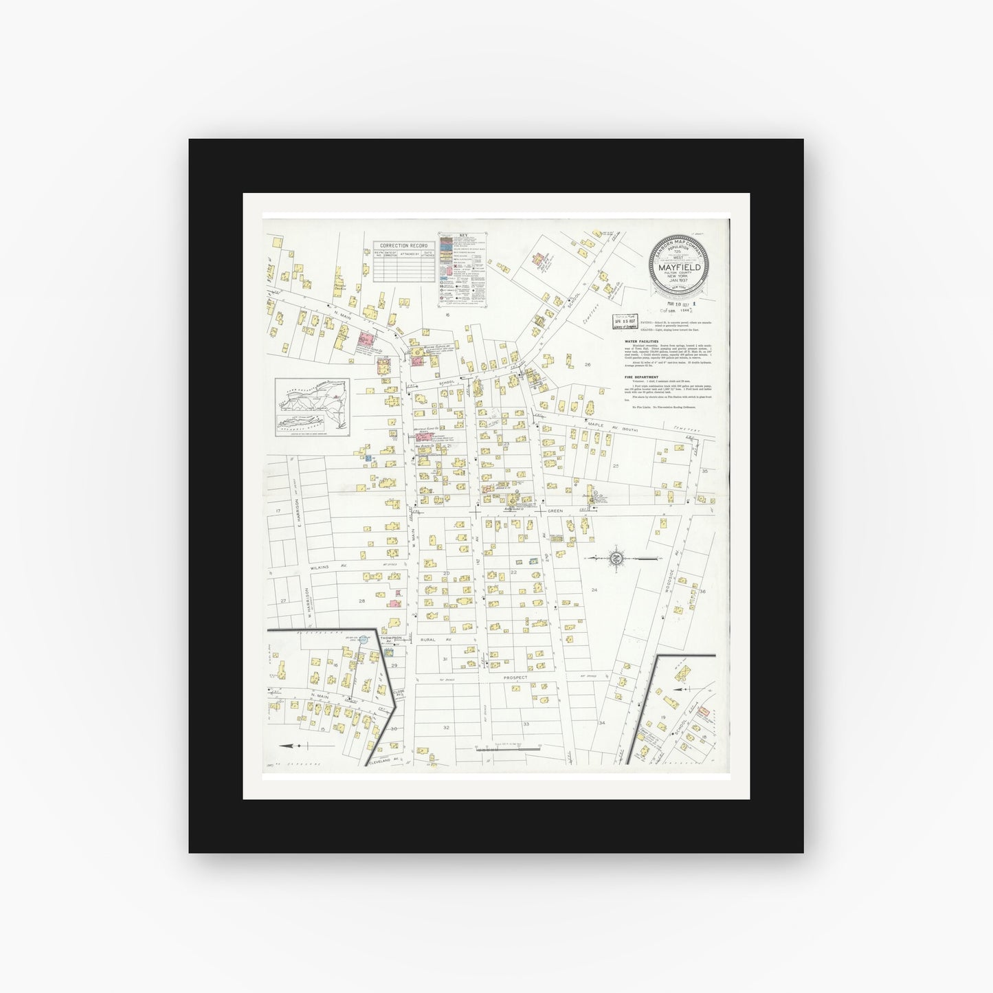Old map wall art mockup — black gallery frame with white mat — Sanborn Fire Insurance Map from Mayfield, Fulton County, New York (1937), Sheet #0001