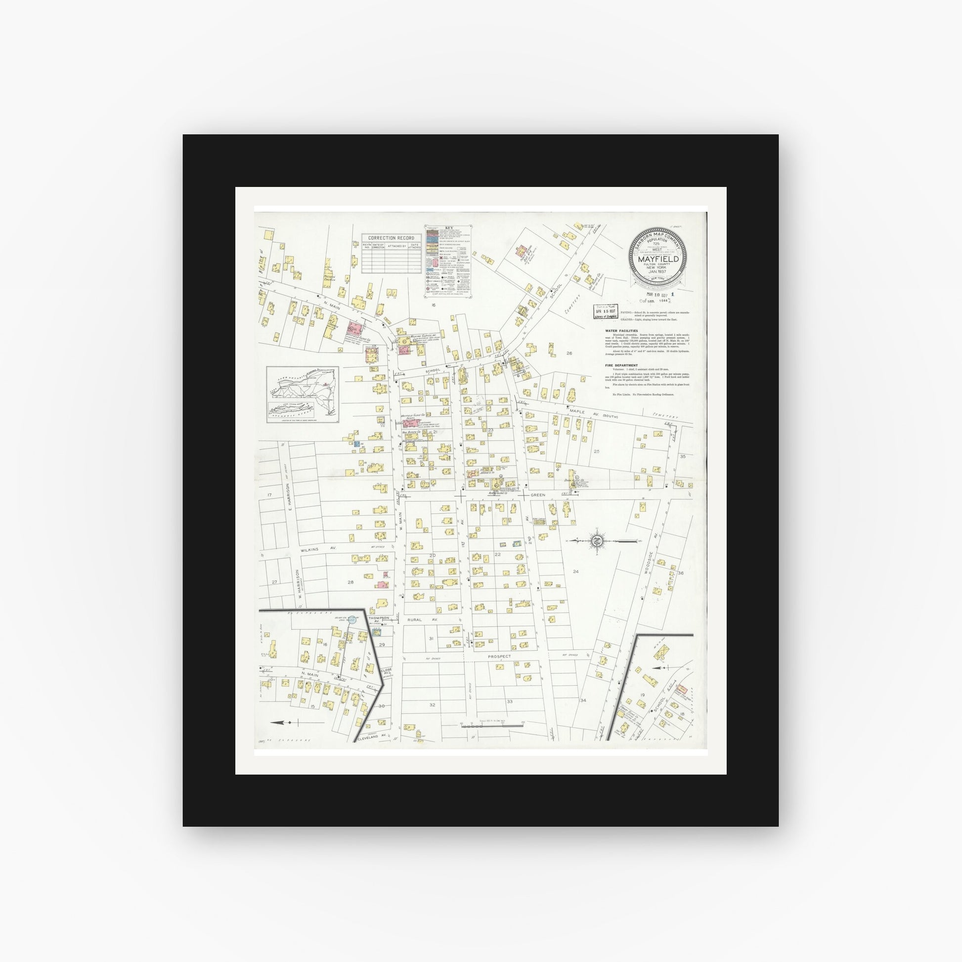 Old map wall art mockup — black gallery frame with white mat — Sanborn Fire Insurance Map from Mayfield, Fulton County, New York (1937), Sheet #0001