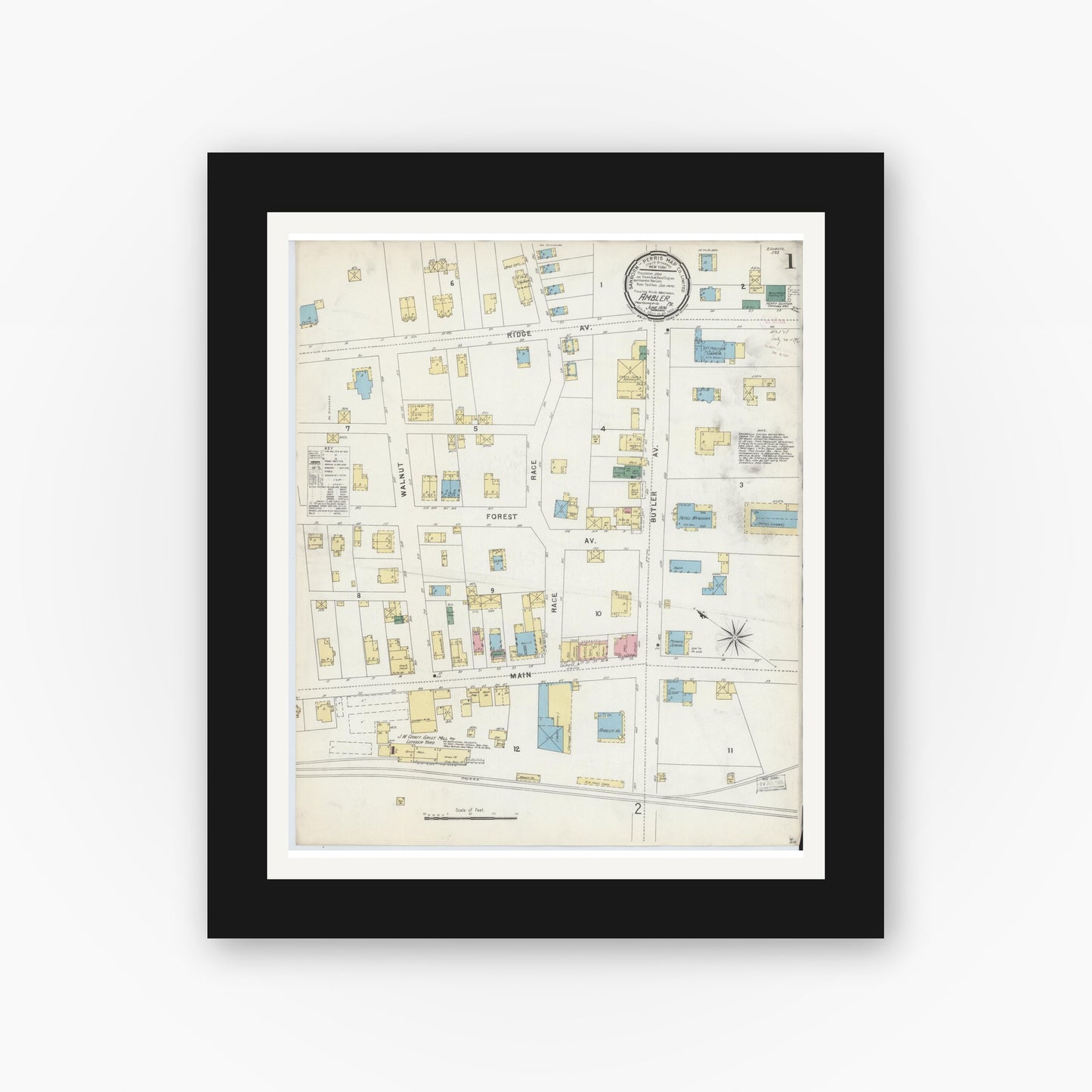 Old map wall art mockup — black gallery frame with white mat — Sanborn Fire Insurance Map from Ambler, Montgomery County, Pennsylvania (1896), Sheet #0001