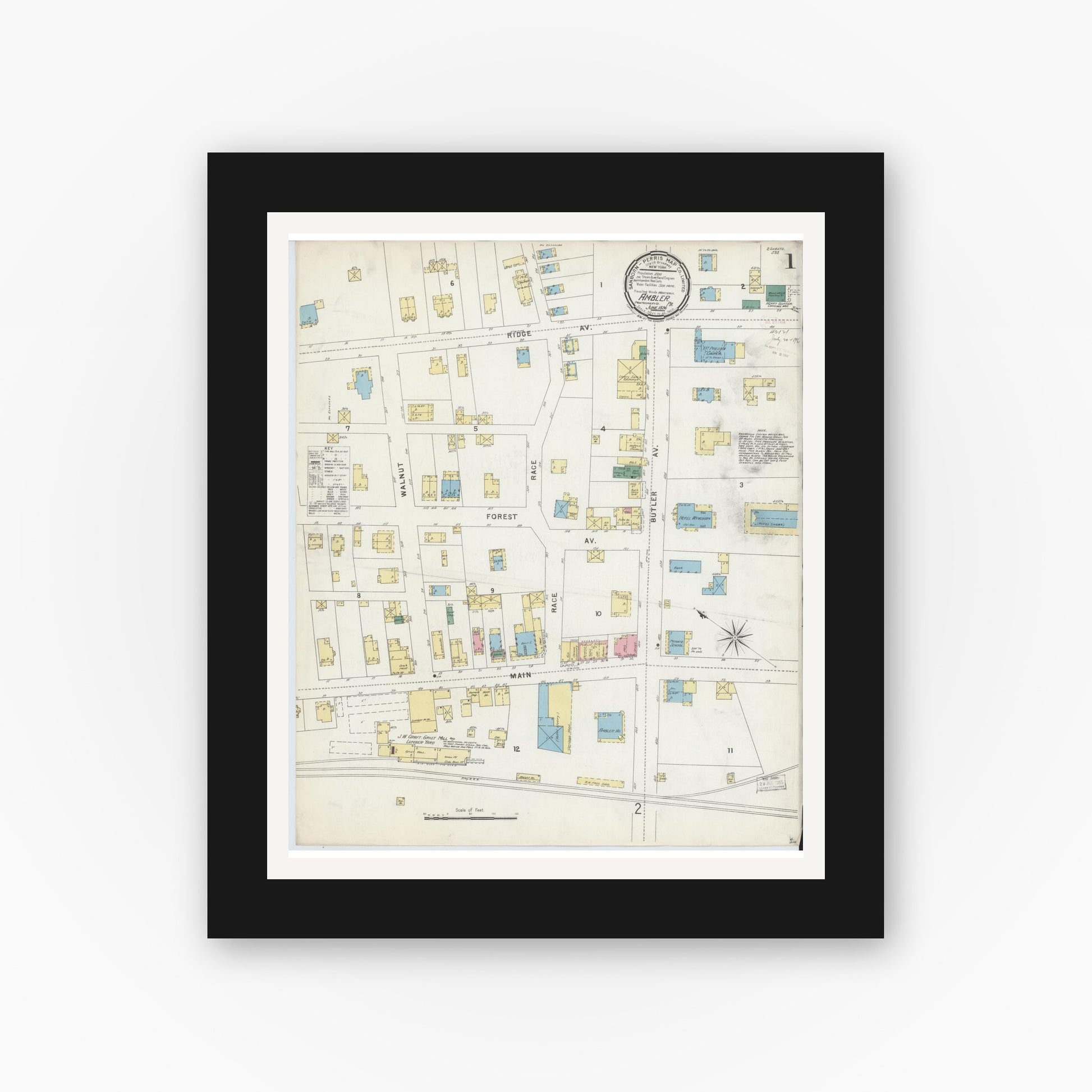 Old map wall art mockup — black gallery frame with white mat — Sanborn Fire Insurance Map from Ambler, Montgomery County, Pennsylvania (1896), Sheet #0001