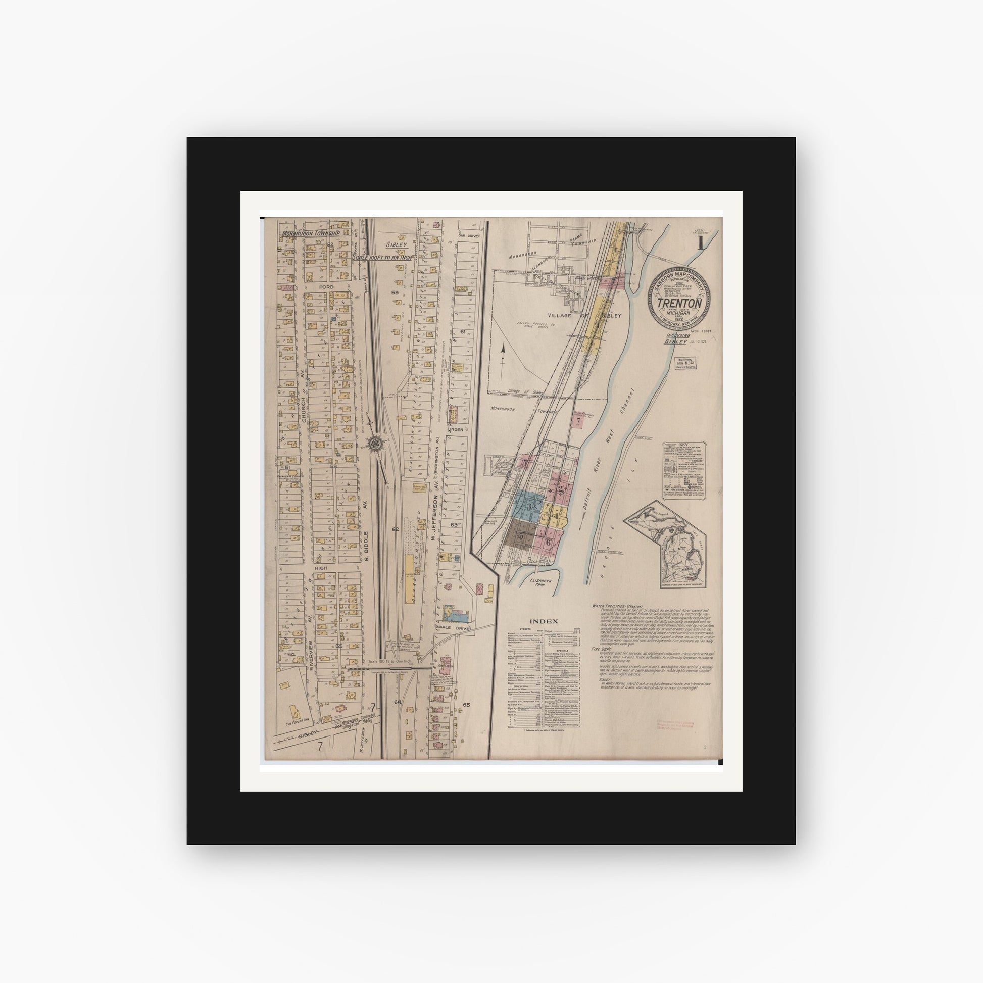 Old map wall art mockup — black gallery frame with white mat — Sanborn Fire Insurance Map from Trenton, Wayne County, Michigan (1922) - Complete Map Set