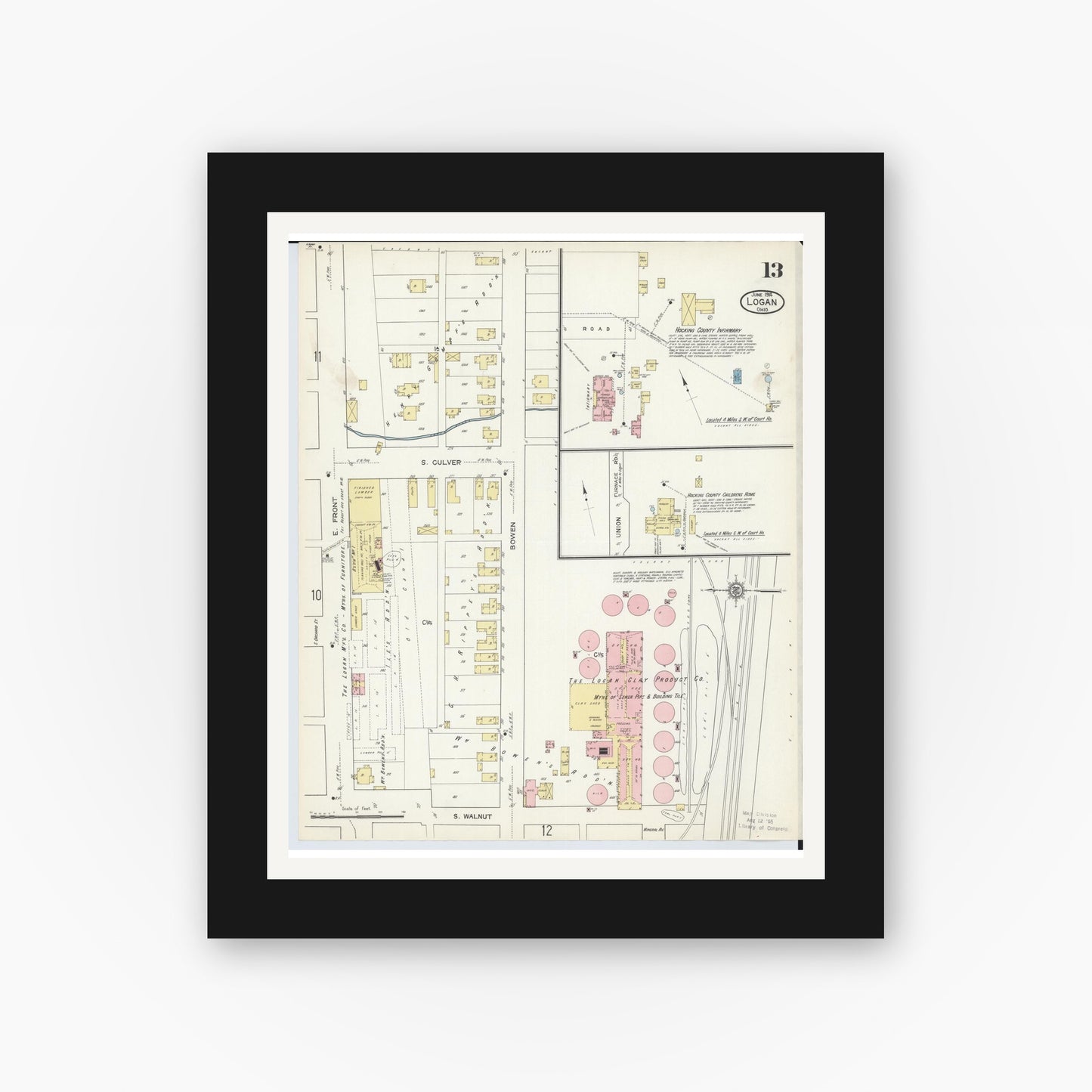 Old map wall art mockup — black gallery frame with white mat — Sanborn Fire Insurance Map from Logan, Hocking County, Ohio (1914), Sheet #0013