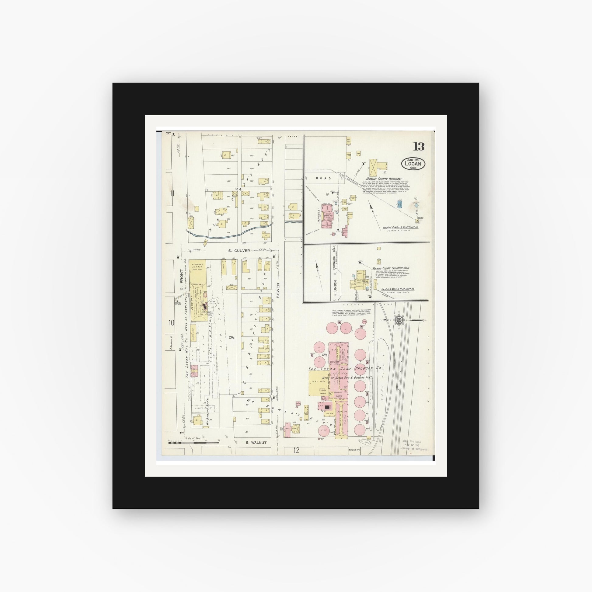 Old map wall art mockup — black gallery frame with white mat — Sanborn Fire Insurance Map from Logan, Hocking County, Ohio (1914), Sheet #0013