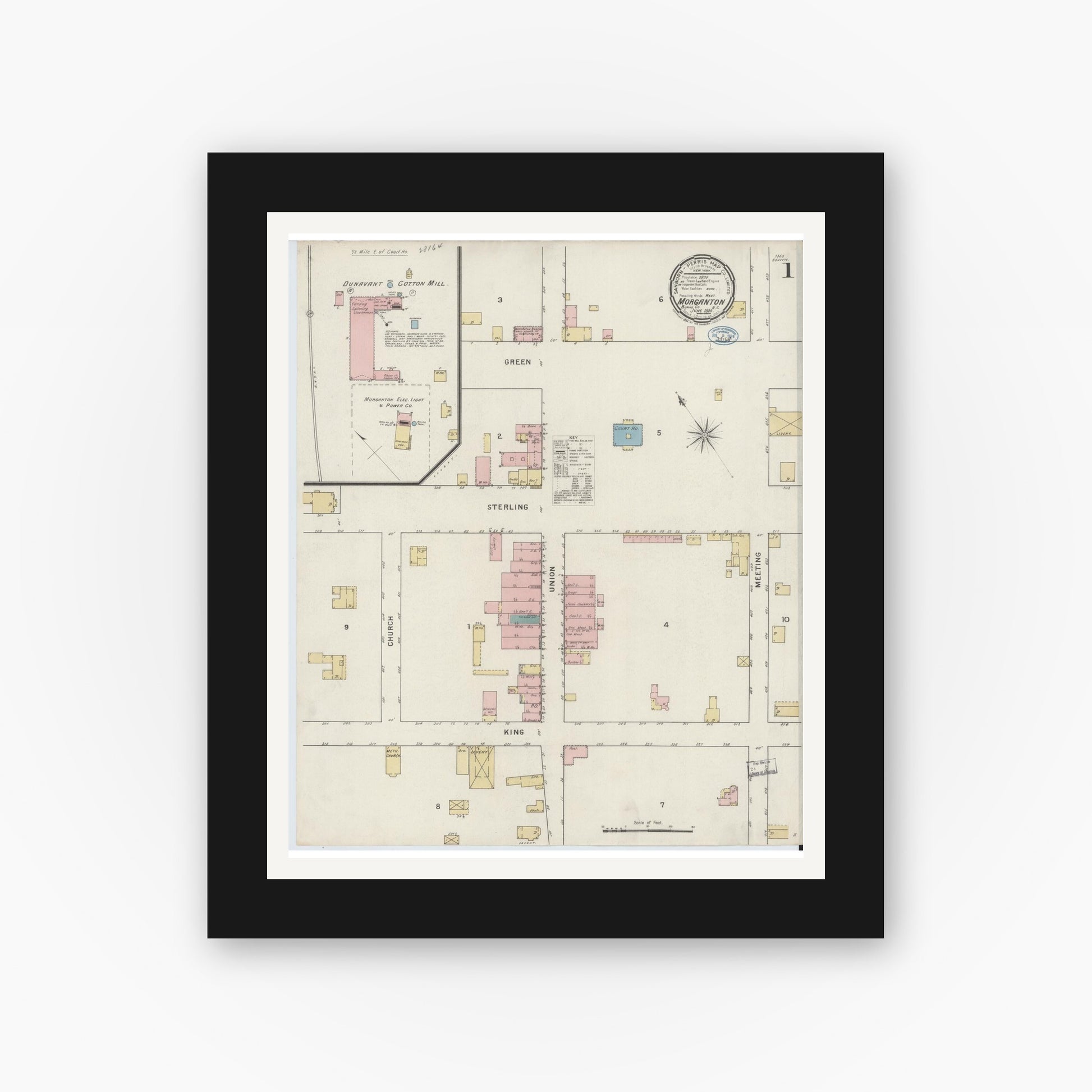 Old map wall art mockup — black gallery frame with white mat — Sanborn Fire Insurance Map from Morganton, Burke County, North Carolina (1894), Sheet #0001
