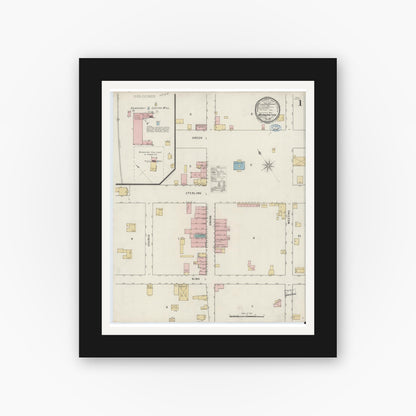 Old map wall art mockup — black gallery frame with white mat — Sanborn Fire Insurance Map from Morganton, Burke County, North Carolina (1894), Sheet #0001