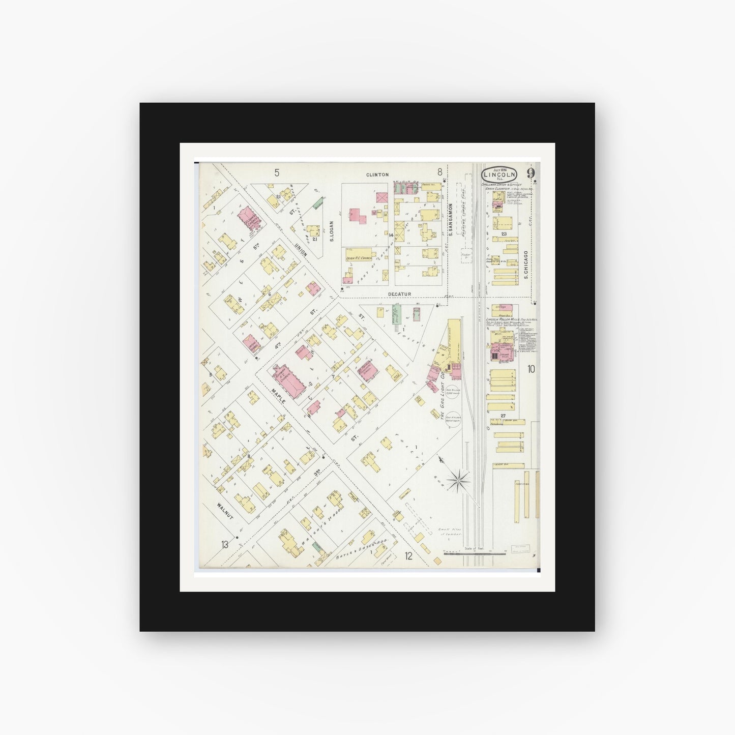 Old map wall art mockup — black gallery frame with white mat — Sanborn Fire Insurance Map from Lincoln, Logan County, Illinois (1896), Sheet #0009