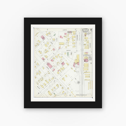Old map wall art mockup — black gallery frame with white mat — Sanborn Fire Insurance Map from Lincoln, Logan County, Illinois (1896), Sheet #0009