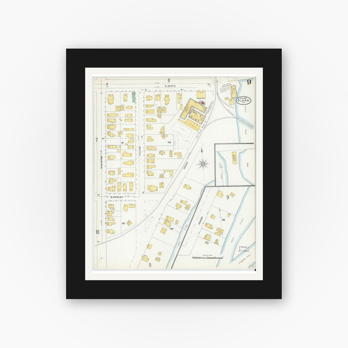 Old map wall art mockup — black gallery frame with white mat — Sanborn Fire Insurance Map from Olean, Cattaraugus County, New York (1904), Sheet #0009