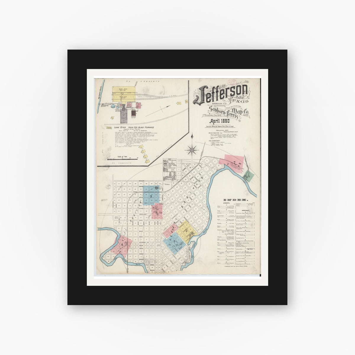 Old map wall art mockup — black gallery frame with white mat — Sanborn Fire Insurance Map from Jefferson, Marion County, Texas (1890) - Complete Map Set