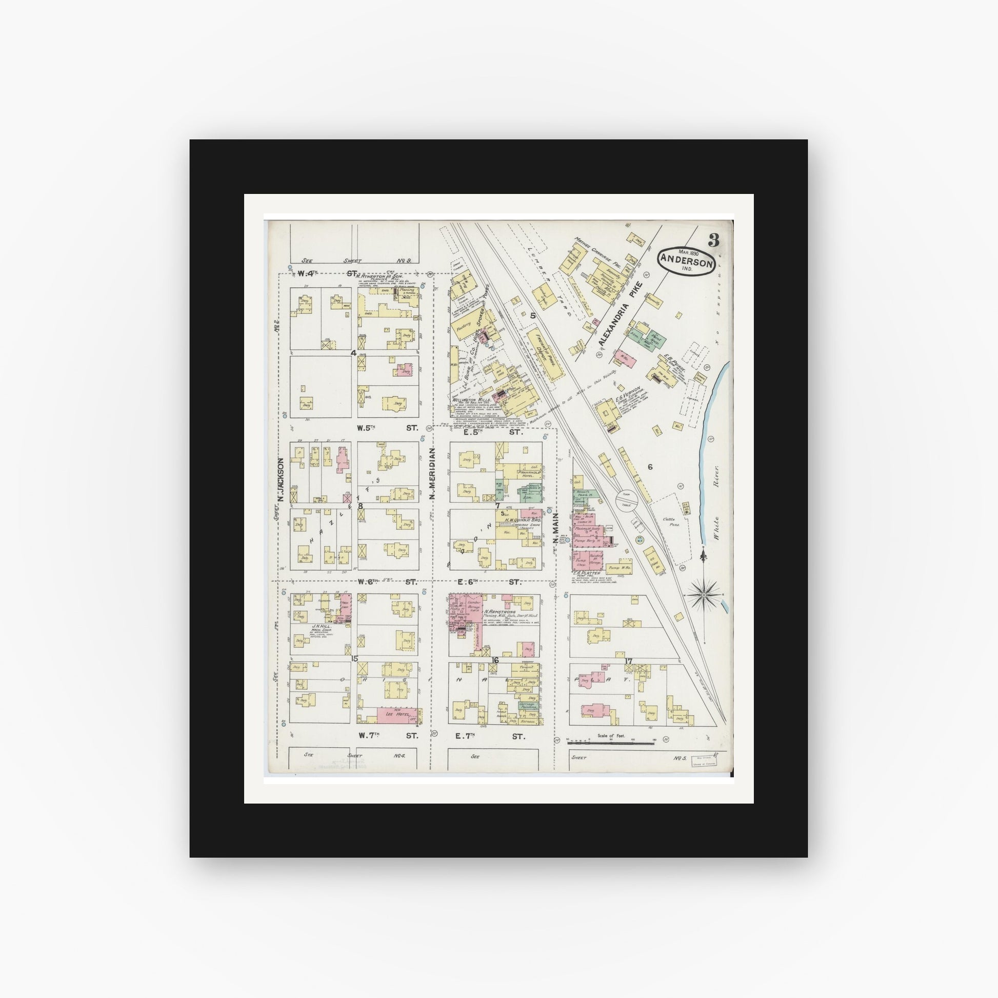 Old map wall art mockup — black gallery frame with white mat — Sanborn Fire Insurance Map from Anderson, Madison County, Indiana (1890), Sheet #0003
