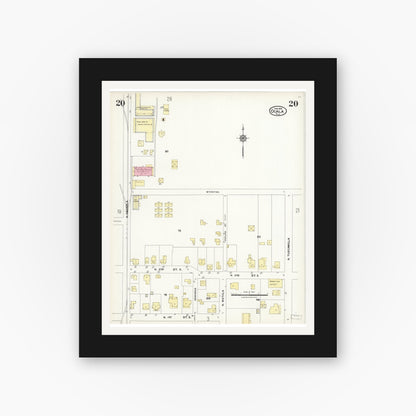 Old map wall art mockup — black gallery frame with white mat — Sanborn Fire Insurance Map from Ocala, Marion County, Florida (1924), Sheet #0020