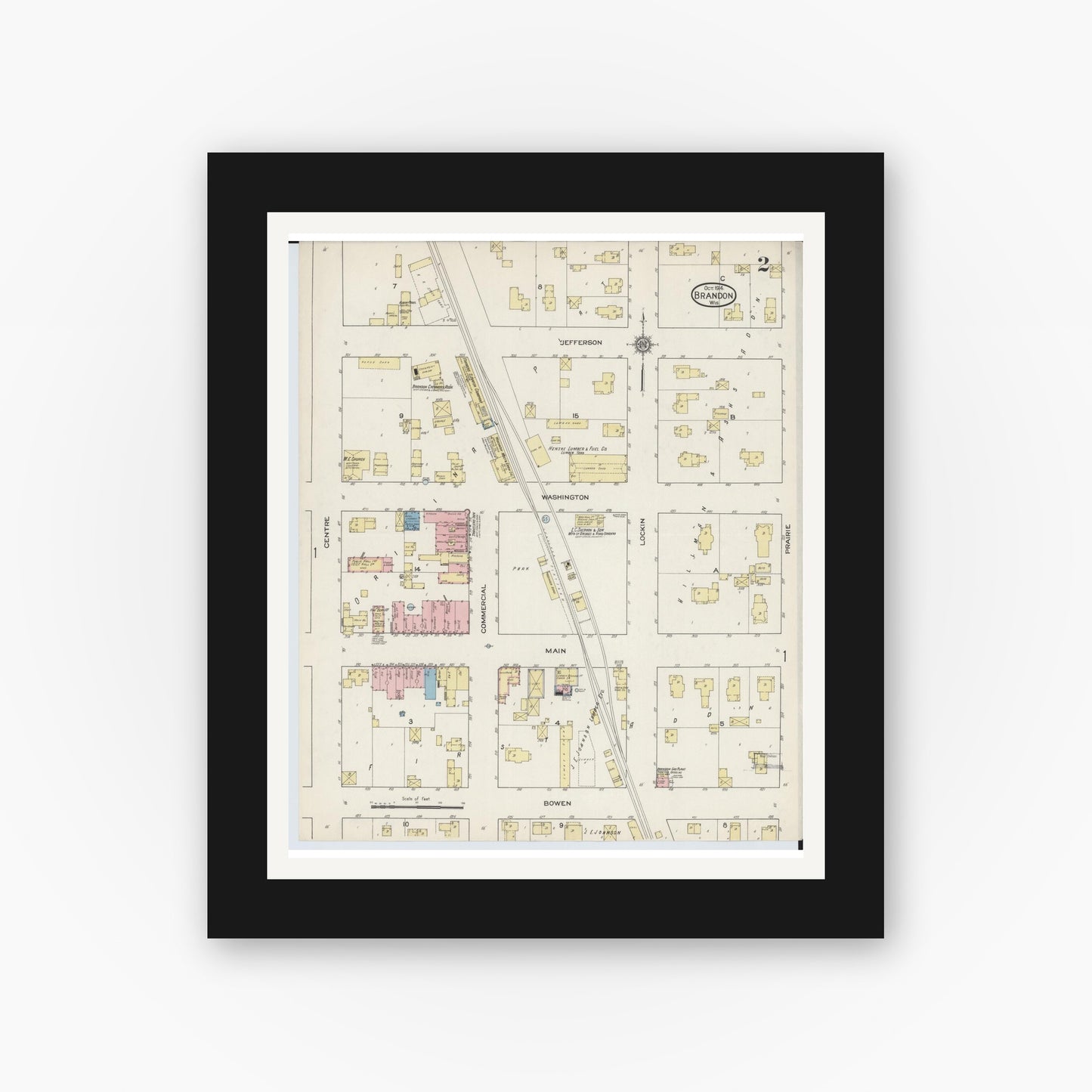 Old map wall art mockup — black gallery frame with white mat — Sanborn Fire Insurance Map from Brandon, Fond du Lac County, Wisconsin (1914), Sheet #0002