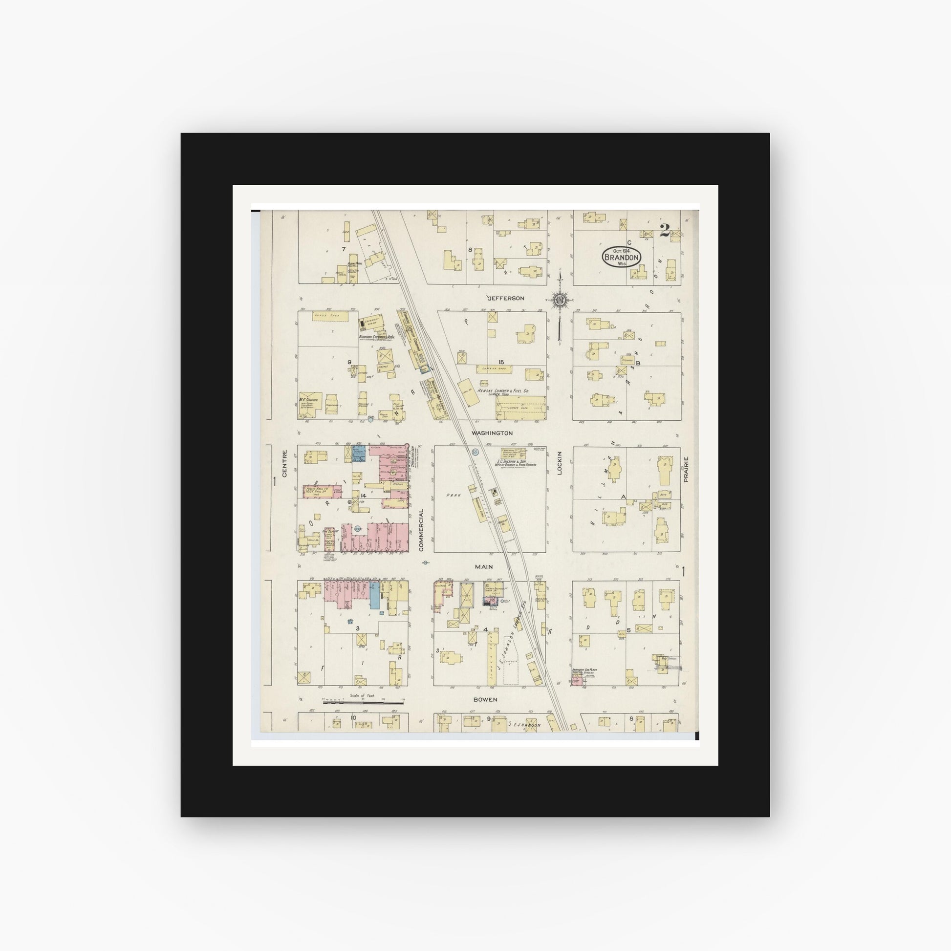 Old map wall art mockup — black gallery frame with white mat — Sanborn Fire Insurance Map from Brandon, Fond du Lac County, Wisconsin (1914), Sheet #0002
