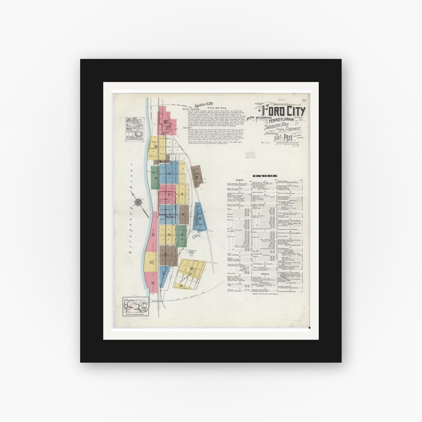 Old map wall art mockup — black gallery frame with white mat — Sanborn Fire Insurance Map from Ford City, Armstrong County, Pennsylvania (1921), Sheet #0001