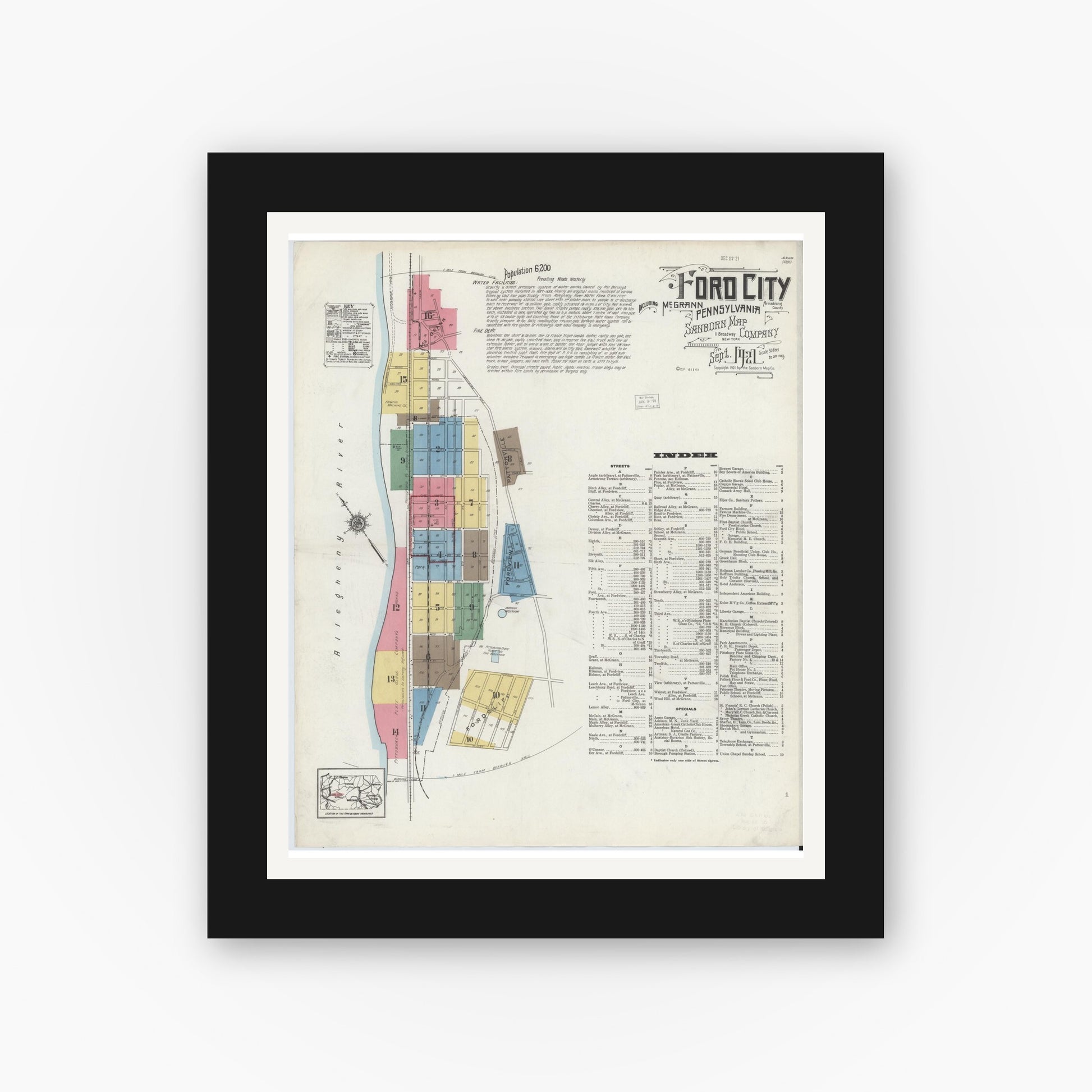 Old map wall art mockup — black gallery frame with white mat — Sanborn Fire Insurance Map from Ford City, Armstrong County, Pennsylvania (1921), Sheet #0001