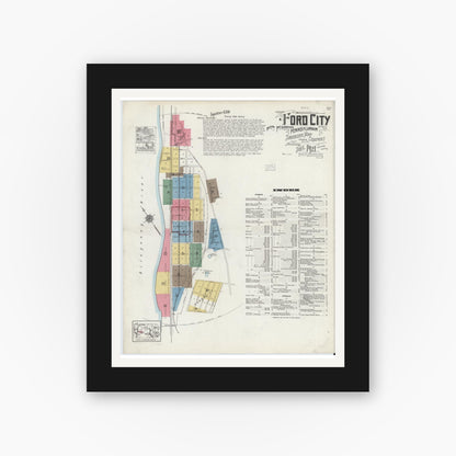Old map wall art mockup — black gallery frame with white mat — Sanborn Fire Insurance Map from Ford City, Armstrong County, Pennsylvania (1921), Sheet #0001