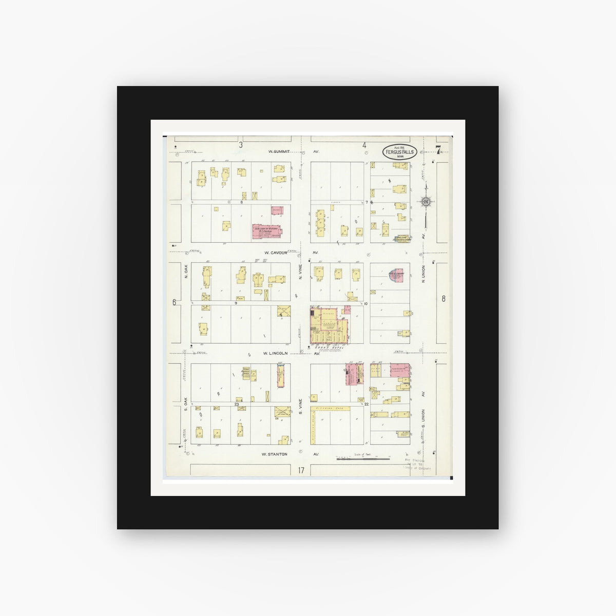 Old map wall art mockup — black gallery frame with white mat — Sanborn Fire Insurance Map from Fergus Falls, Otter Tail County, Minnesota (1915), Sheet #0007