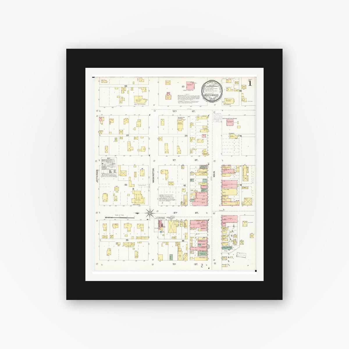 Old map wall art mockup — black gallery frame with white mat — Sanborn Fire Insurance Map from Northwood, Worth County, Iowa (1901) â€” Complete Set