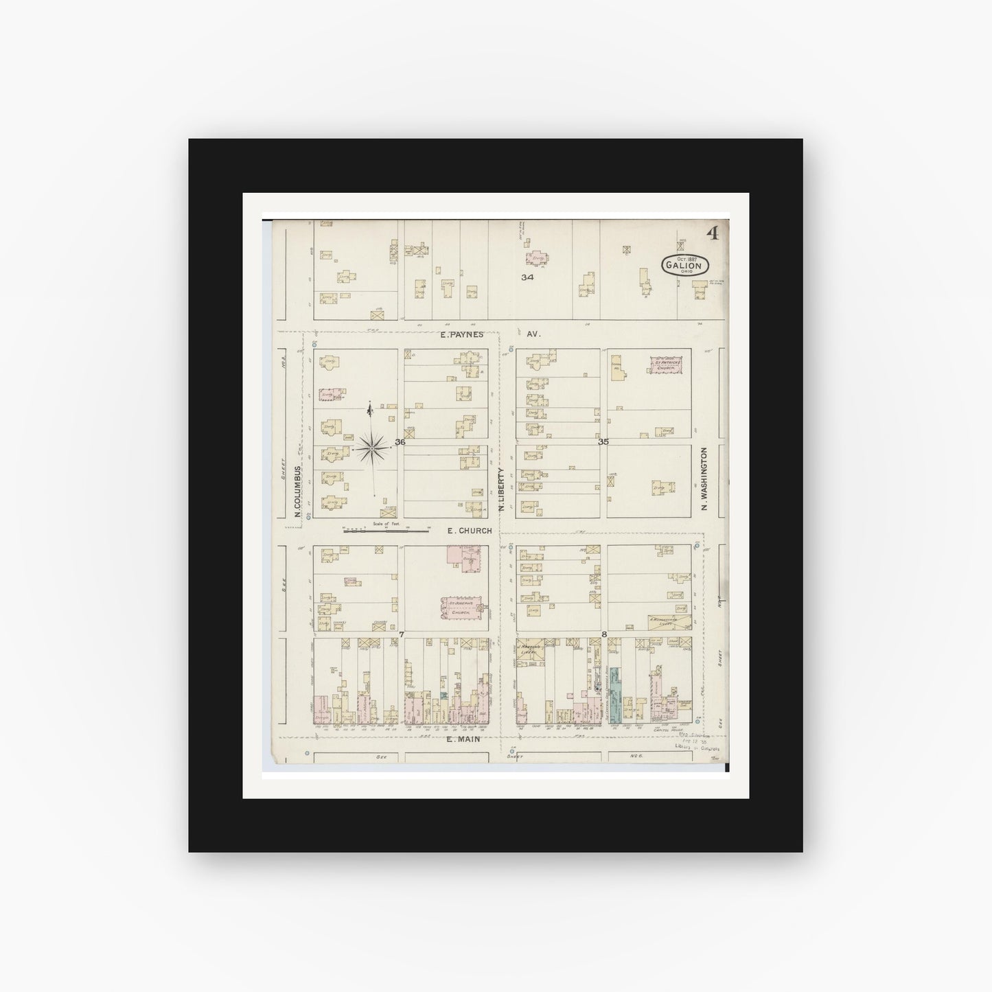Old map wall art mockup — black gallery frame with white mat — Sanborn Fire Insurance Map from Galion, Crawford County, Ohio (1887), Sheet #0004