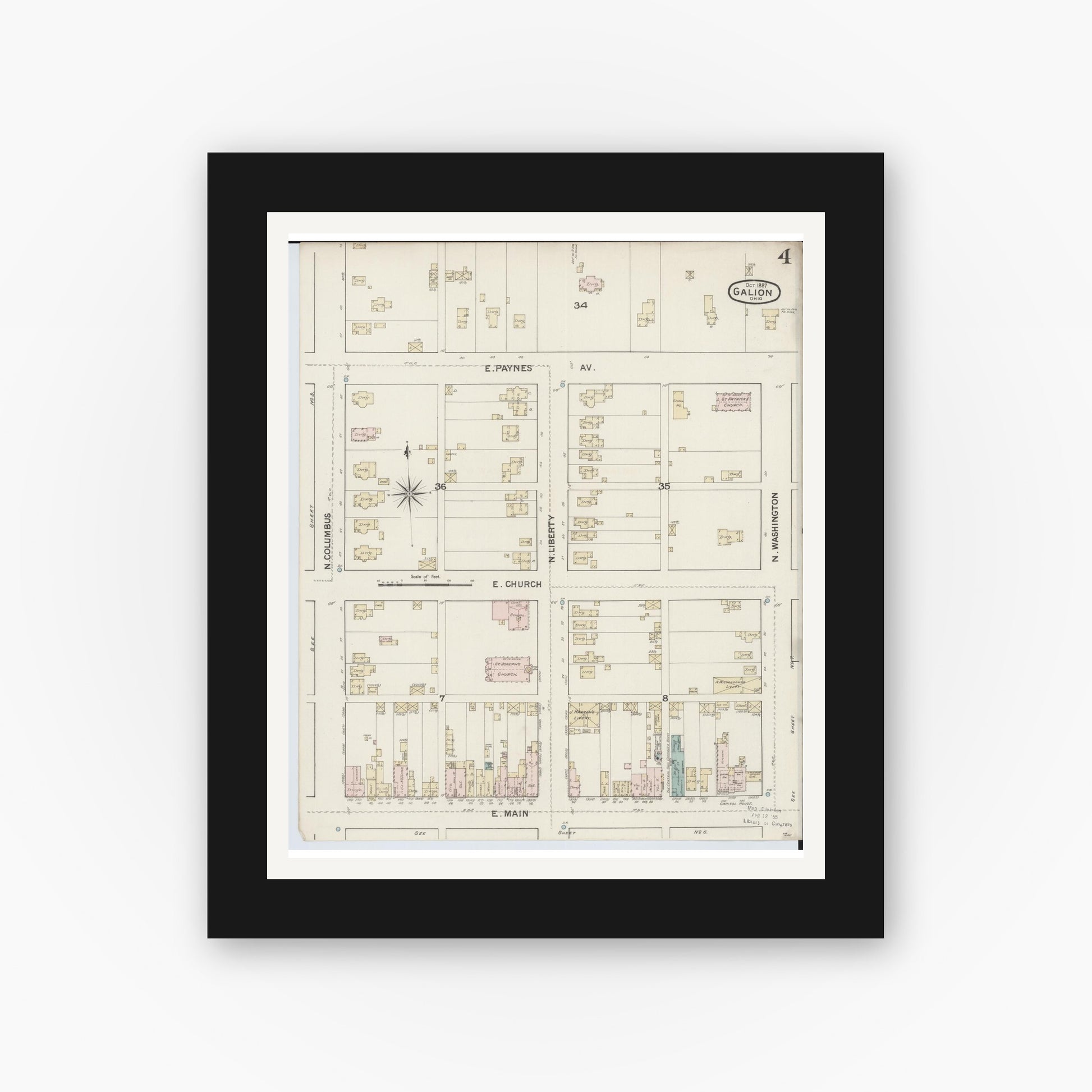 Old map wall art mockup — black gallery frame with white mat — Sanborn Fire Insurance Map from Galion, Crawford County, Ohio (1887), Sheet #0004