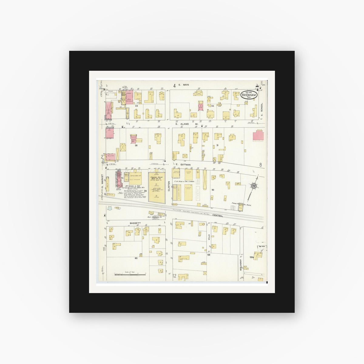Old map wall art mockup — black gallery frame with white mat — Sanborn Fire Insurance Map from Brenham, Washington County, Texas (1912), Sheet #0007