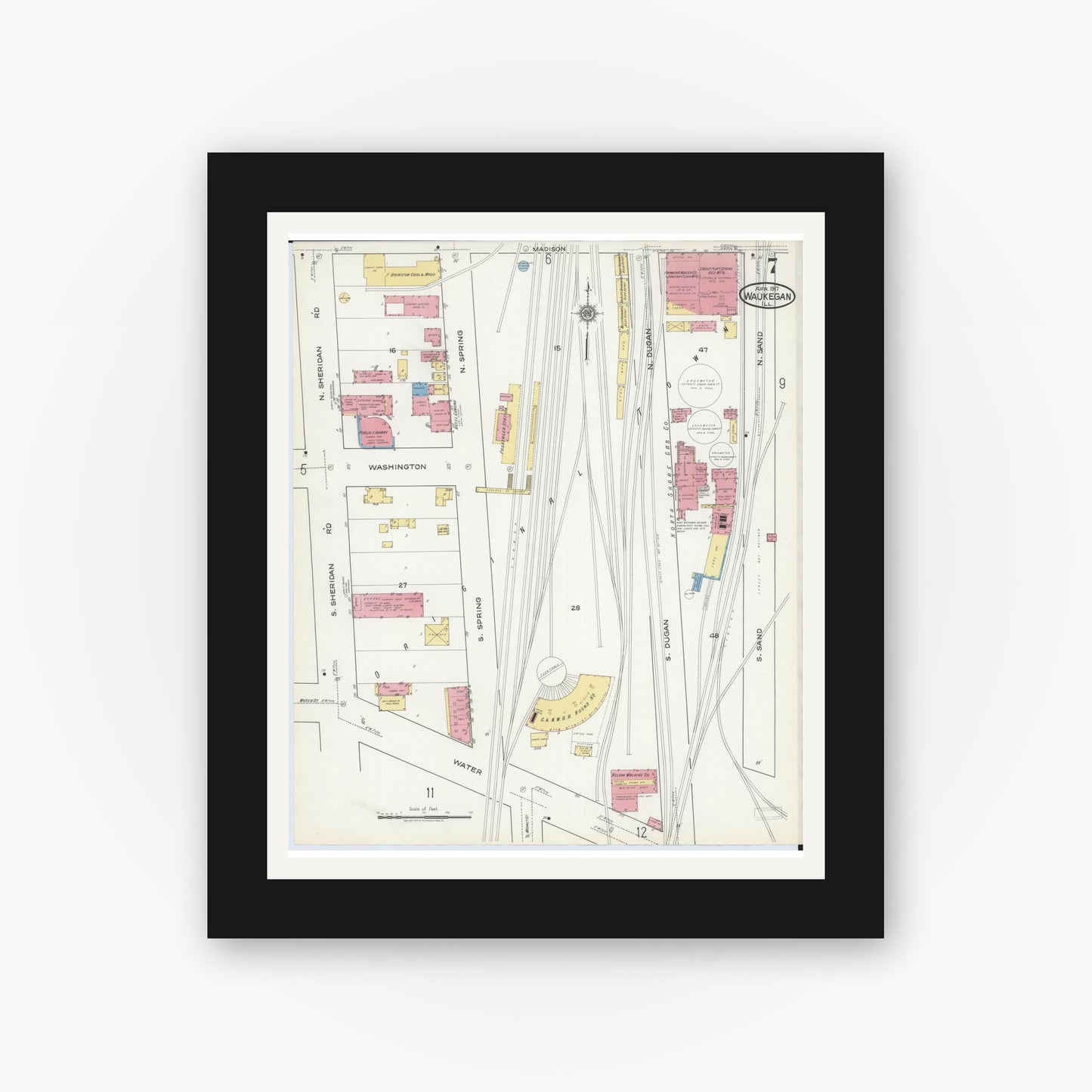 Old map wall art mockup — black gallery frame with white mat — Sanborn Fire Insurance Map from Waukegan, Lake County, Illinois (1917), Sheet #0007