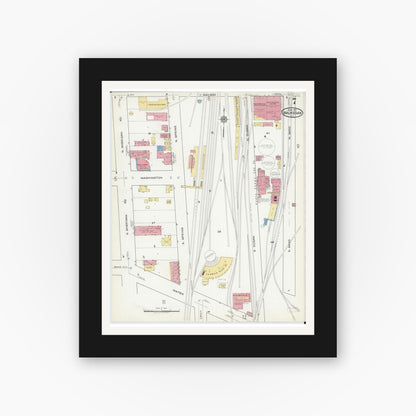 Old map wall art mockup — black gallery frame with white mat — Sanborn Fire Insurance Map from Waukegan, Lake County, Illinois (1917), Sheet #0007