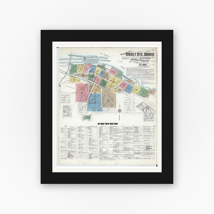 Old map wall art mockup — black gallery frame with white mat — Sanborn Fire Insurance Map from Sault Sainte Marie, Chippewa County, Michigan (1915) - Complete Map Set