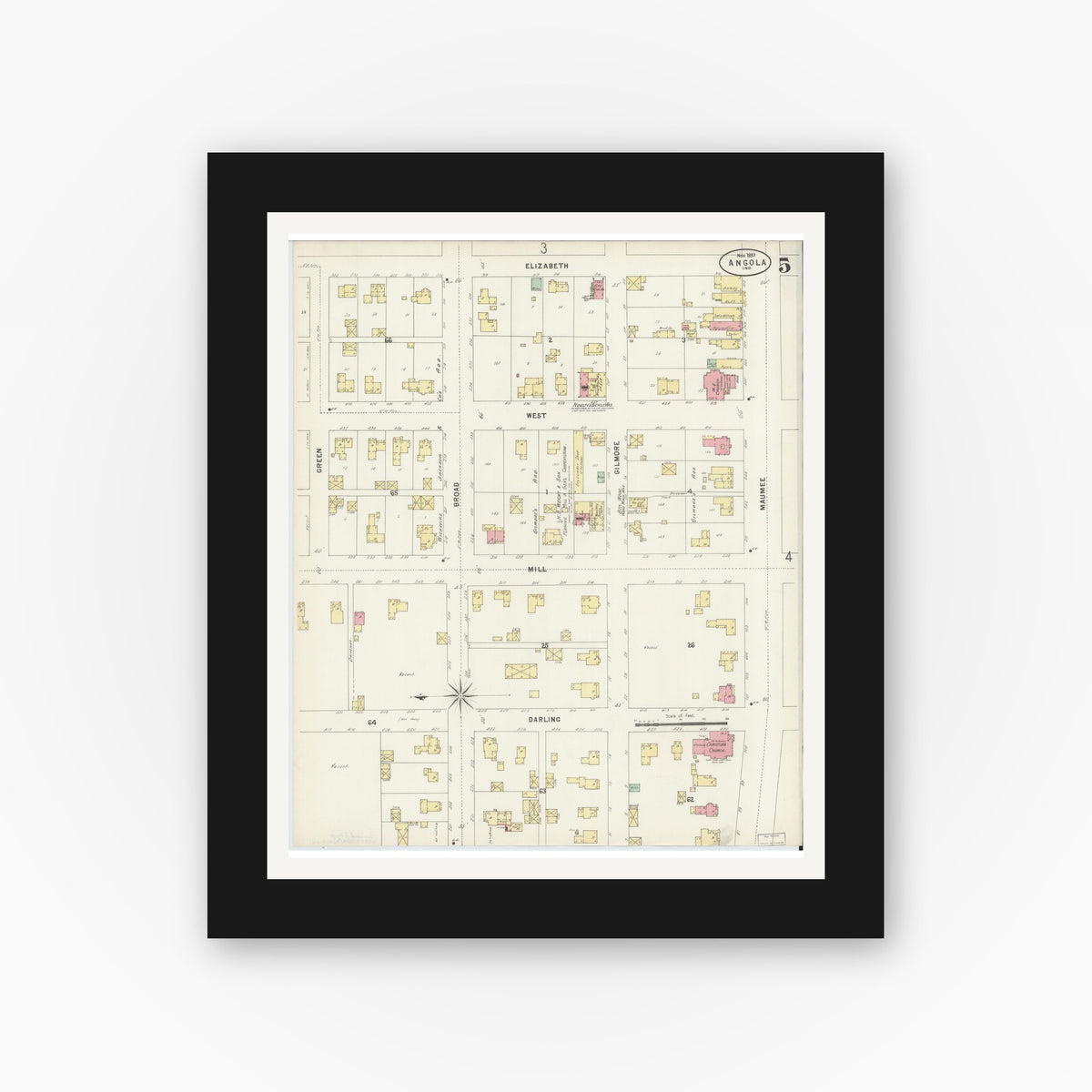 Old map wall art mockup — black gallery frame with white mat — Sanborn Fire Insurance Map from Angola, Steuben County, Indiana (1897), Sheet #0005