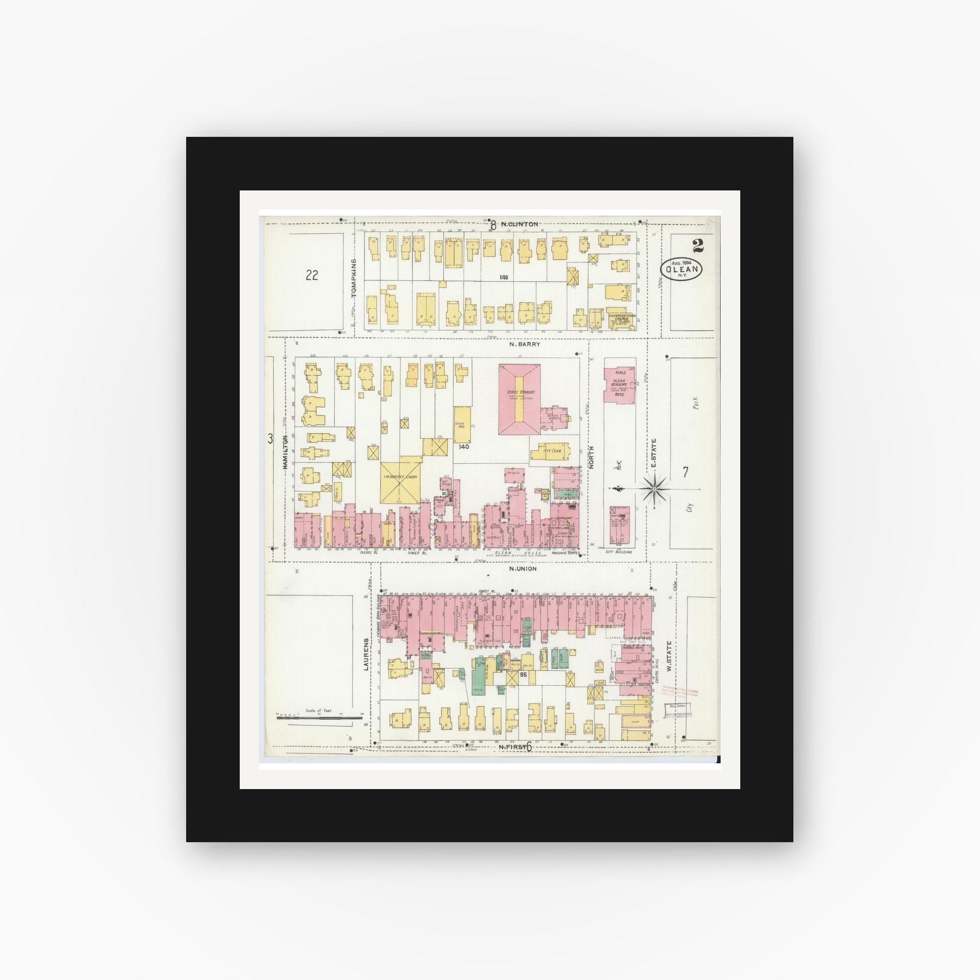 Old map wall art mockup — black gallery frame with white mat — Sanborn Fire Insurance Map from Olean, Cattaraugus County, New York (1904) - Complete Map Set