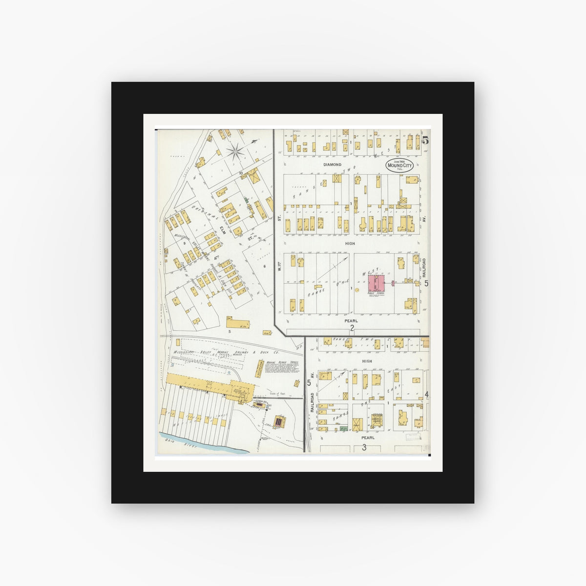 Old map wall art mockup — black gallery frame with white mat — Sanborn Fire Insurance Map from Mound City, Pulaski County, Illinois (1900), Sheet #0005