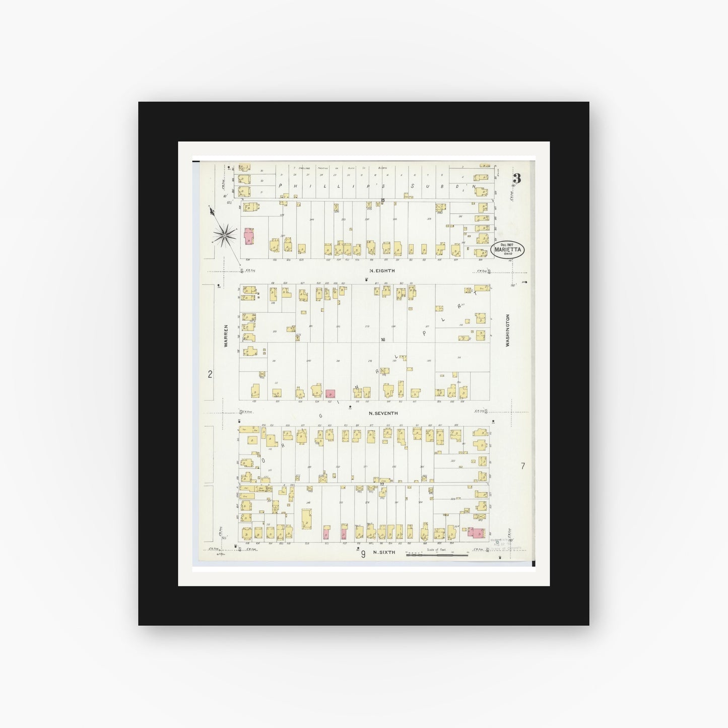 Old map wall art mockup — black gallery frame with white mat — Sanborn Fire Insurance Map from Marietta, Washington County, Ohio (1907), Sheet #0003