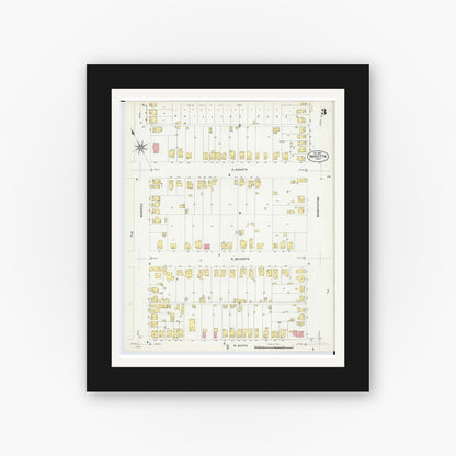 Old map wall art mockup — black gallery frame with white mat — Sanborn Fire Insurance Map from Marietta, Washington County, Ohio (1907), Sheet #0003