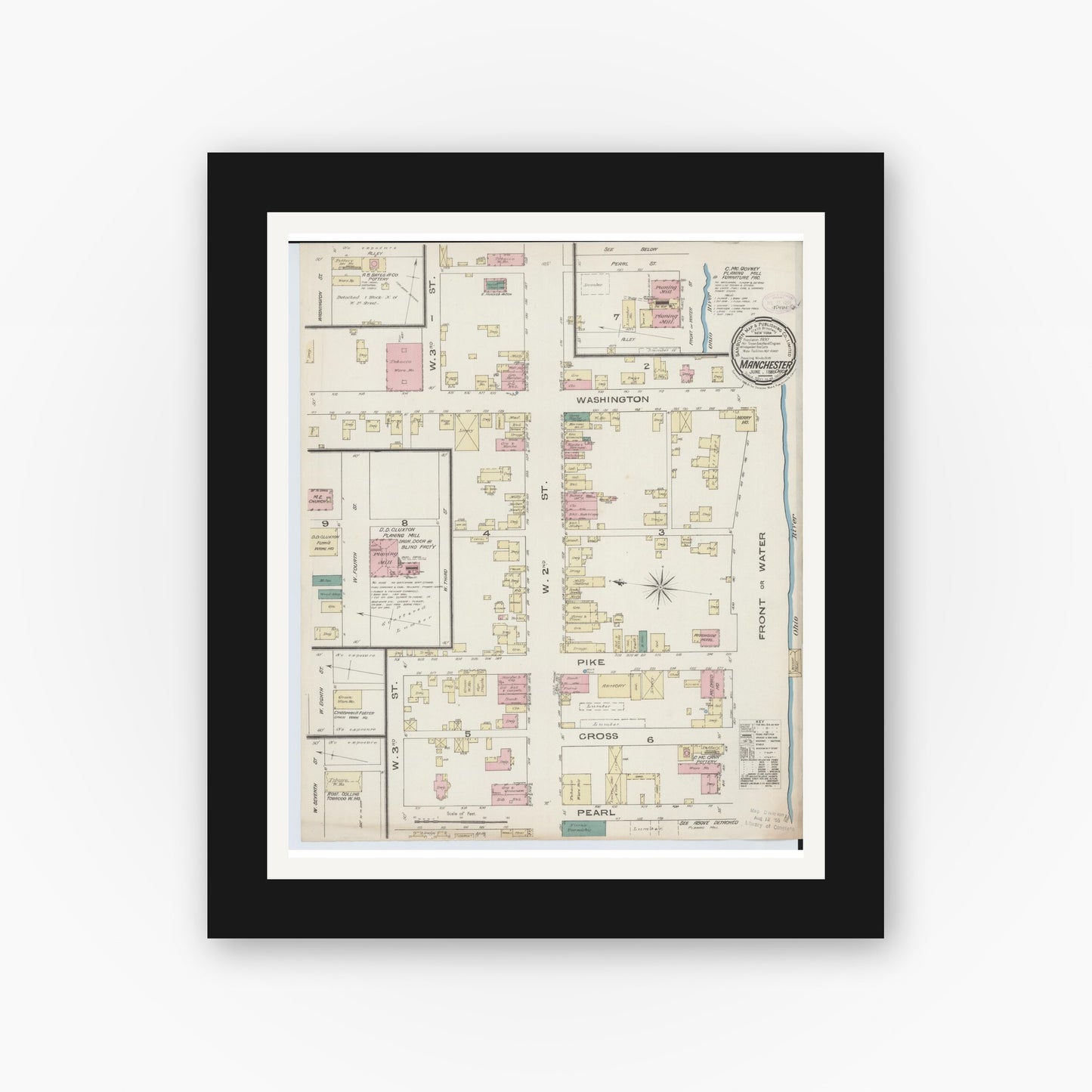 Old map wall art mockup — black gallery frame with white mat — Sanborn Fire Insurance Map from Manchester, Adams County, Ohio (1885), Sheet #0001