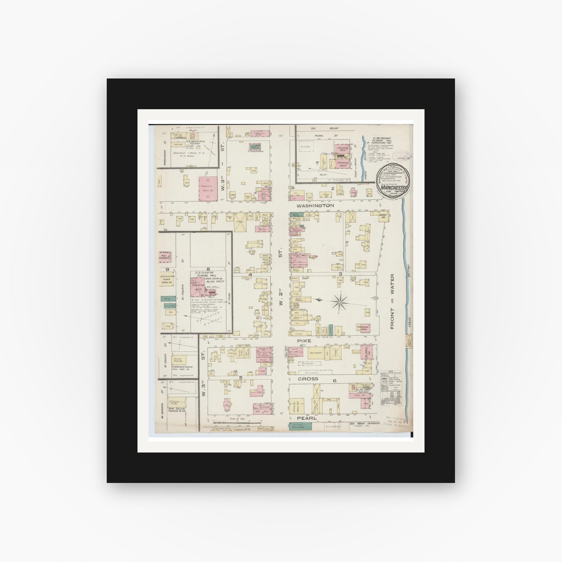 Old map wall art mockup — black gallery frame with white mat — Sanborn Fire Insurance Map from Manchester, Adams County, Ohio (1885), Sheet #0001