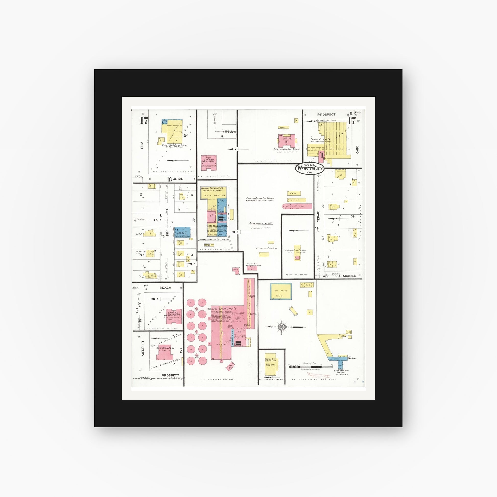 Old map wall art mockup — black gallery frame with white mat — Sanborn Fire Insurance Map from Webster City, Hamilton County, Iowa (1923), Sheet #0017