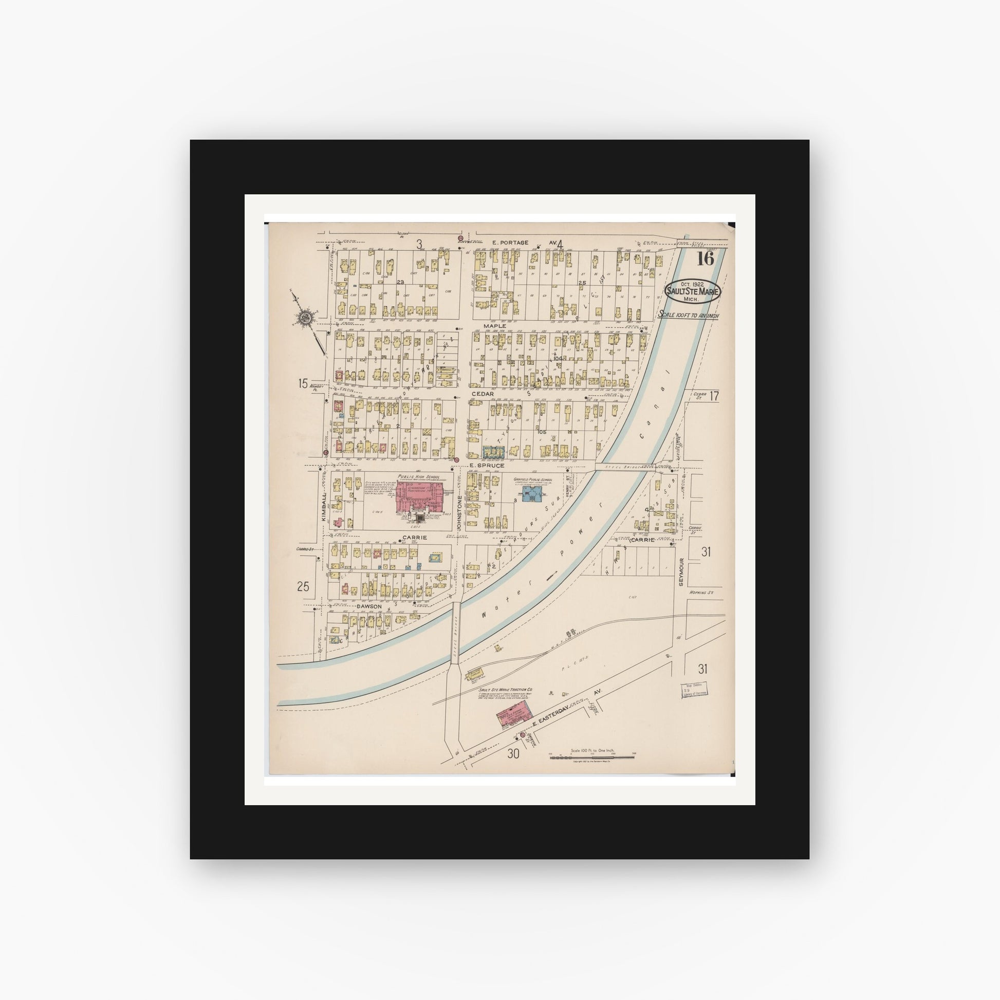 Old map wall art mockup — black gallery frame with white mat — Sanborn Fire Insurance Map from Sault Sainte Marie, Chippewa County, Michigan (1922), Sheet #0016