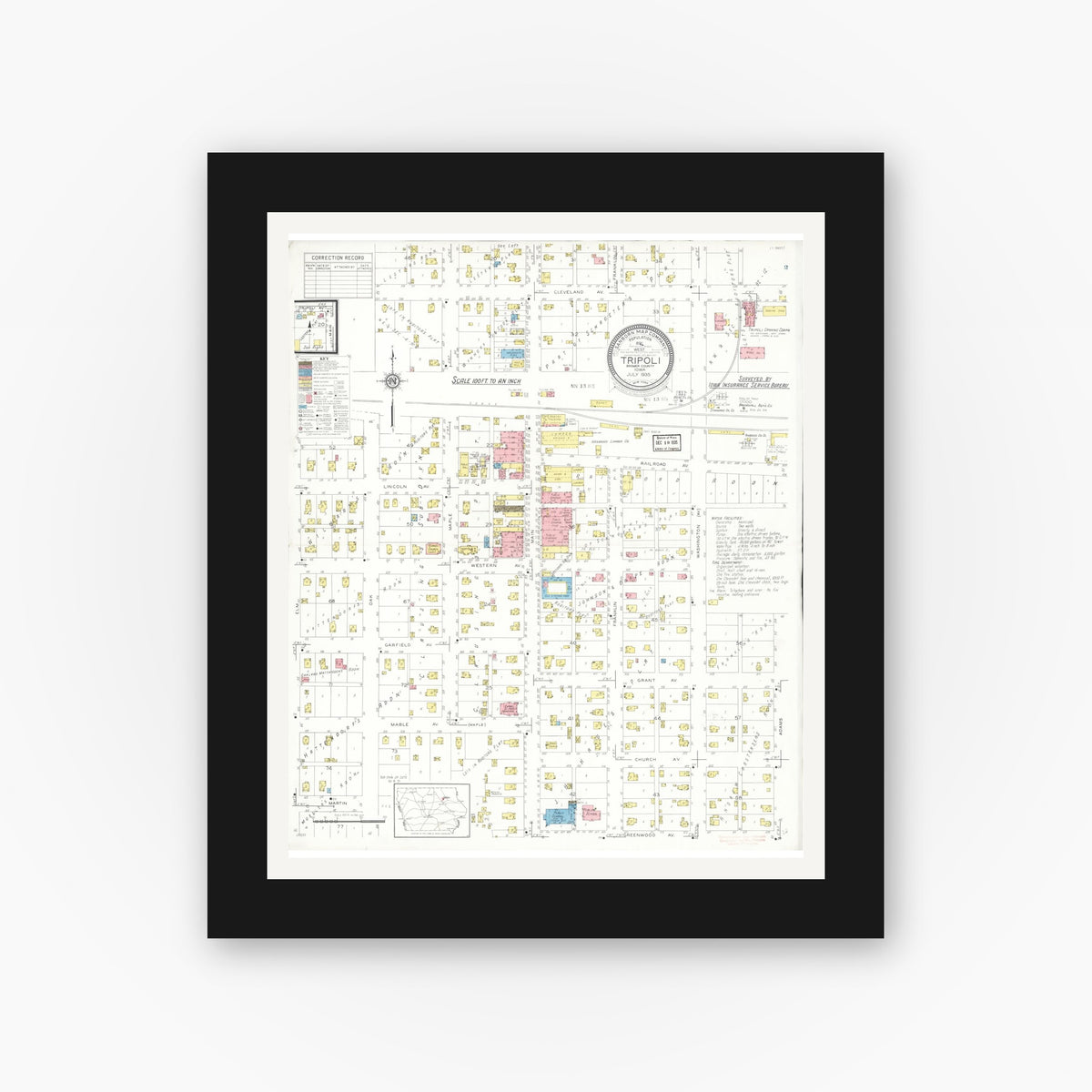 Old map wall art mockup — black gallery frame with white mat — Sanborn Fire Insurance Map from Tripoli, Bremer County, Iowa (1935), Sheet #0001
